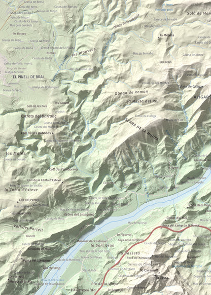 Mapa de relieve de l'Àliga (Mola del Broi), 383 m, Ribera d'Ebre · Terra Alta, lámina 100 Cims de Trobart. Detalle de la zona inferior izquierda. 50 × 70 cm.