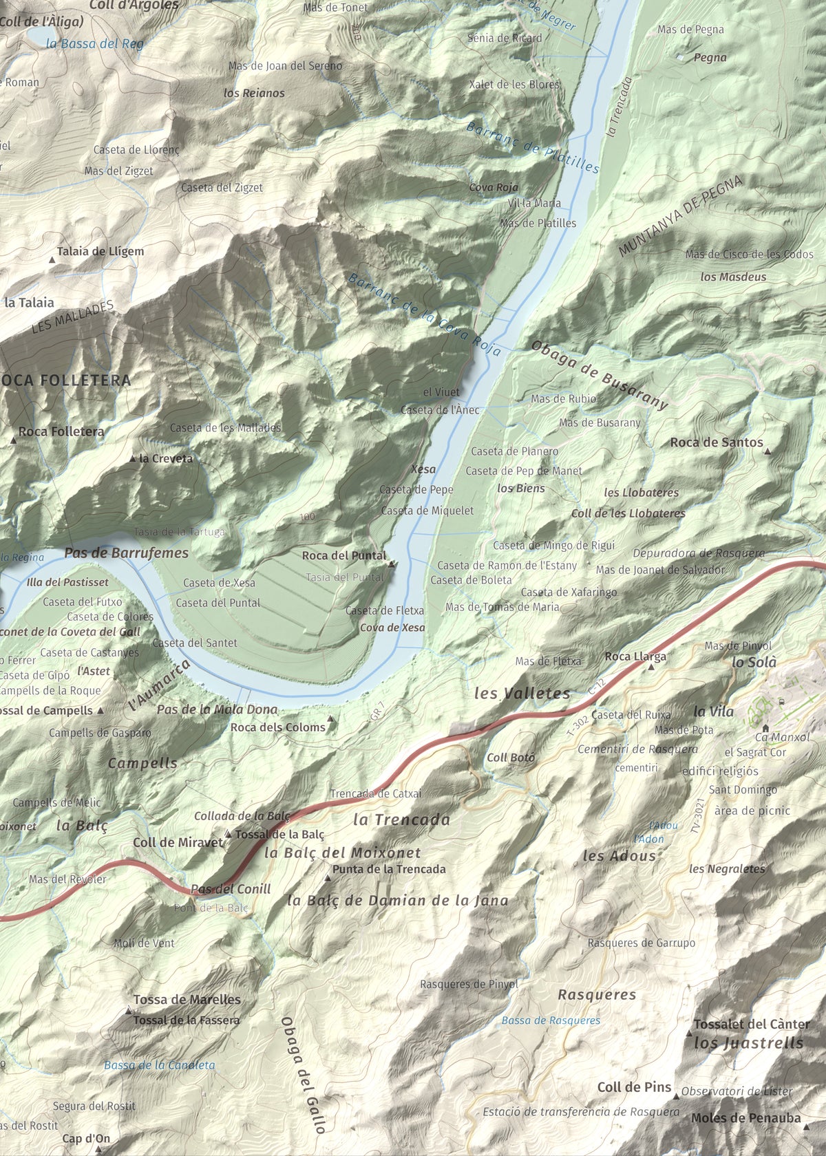 Mapa de relieve de l'Àliga (Mola del Broi), 383 m, Ribera d'Ebre · Terra Alta, lámina 100 Cims de Trobart. Detalle de la zona inferior derecha. 50 × 70 cm.