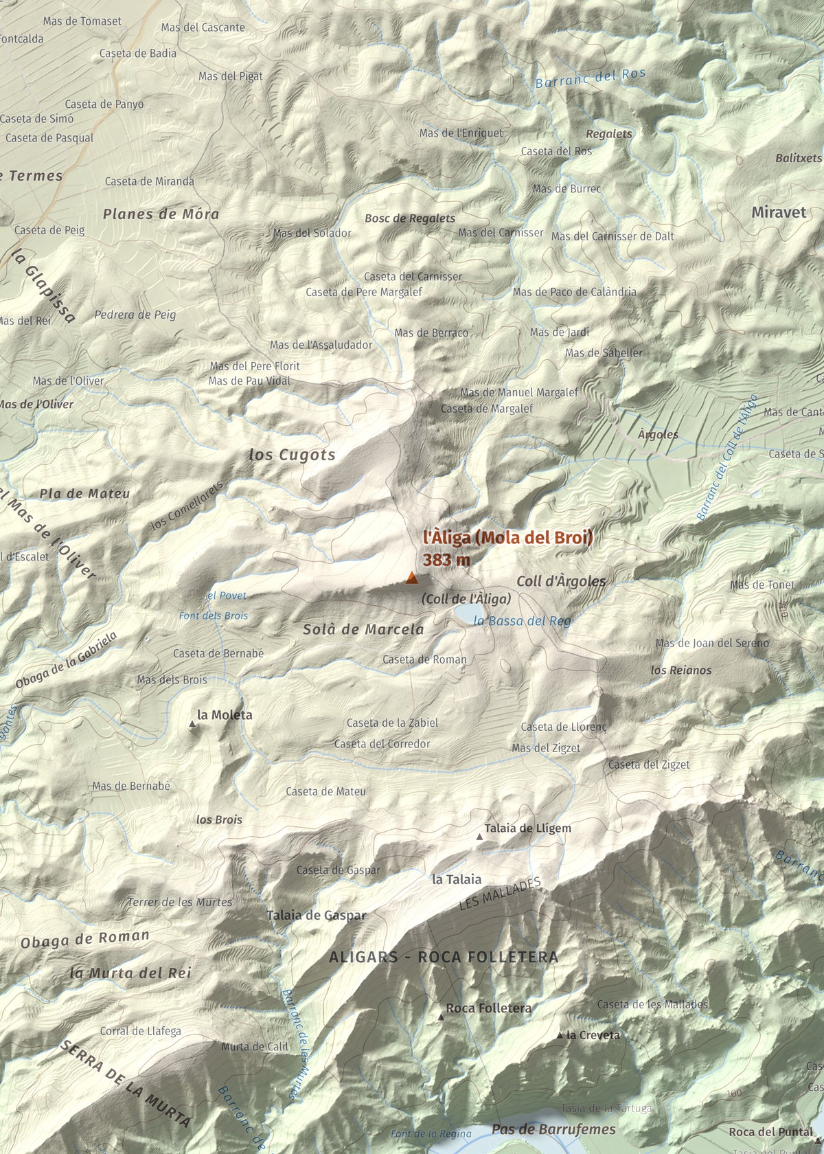 Mapa de relieve de l'Àliga (Mola del Broi), 383 m, Ribera d'Ebre · Terra Alta, lámina 100 Cims de Trobart. Detalle de la zona central. 50 × 70 cm.