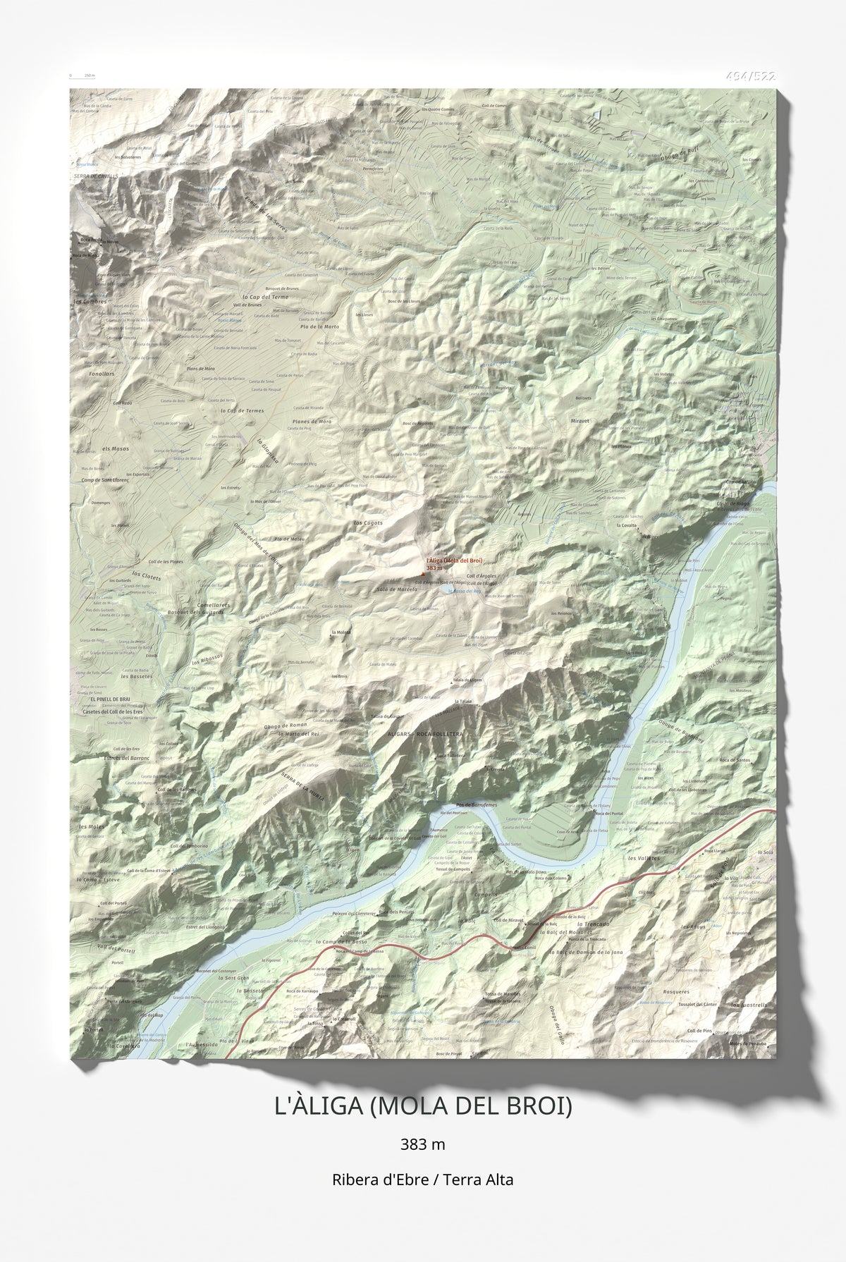 Mapa de relieve de l'Àliga (Mola del Broi), 383 m, Ribera d'Ebre · Terra Alta, lámina 100 Cims de Trobart 61 × 91 cm.