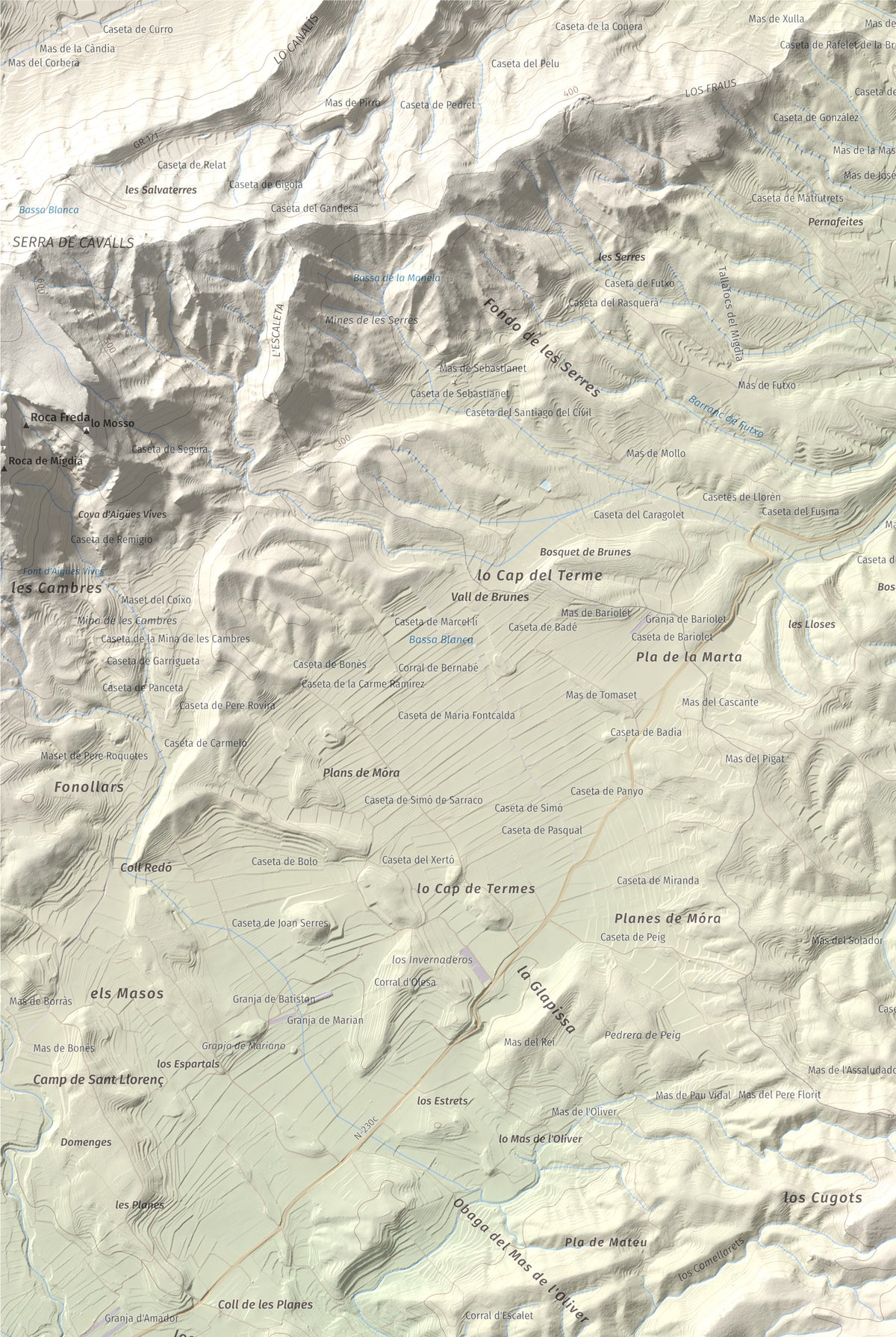 Mapa de relieve de l'Àliga (Mola del Broi), 383 m, Ribera d'Ebre · Terra Alta, lámina 100 Cims de Trobart. Detalle de la zona superior izquierda. 61 × 91 cm.