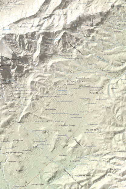Mapa de relieve de l'Àliga (Mola del Broi), 383 m, Ribera d'Ebre · Terra Alta, lámina 100 Cims de Trobart. Detalle de la zona superior izquierda. 61 × 91 cm.