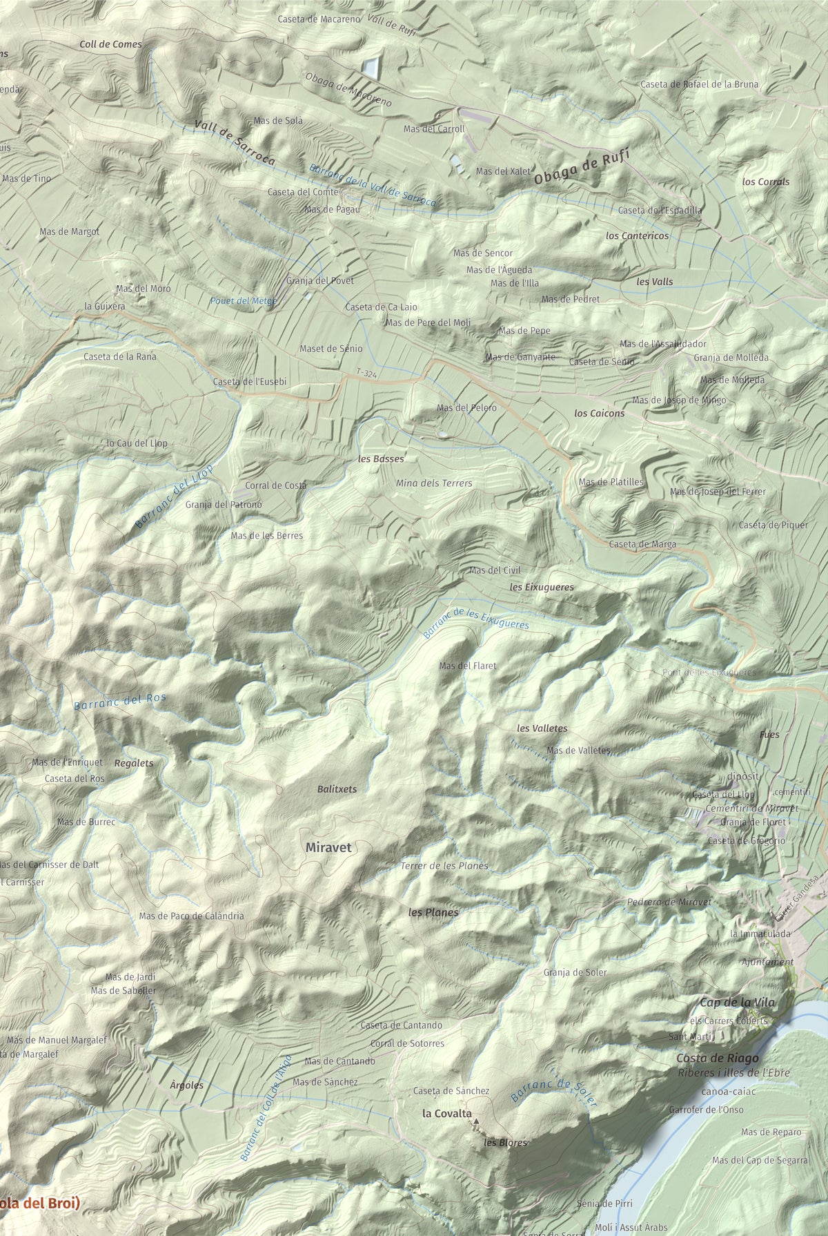 Mapa de relieve de l'Àliga (Mola del Broi), 383 m, Ribera d'Ebre · Terra Alta, lámina 100 Cims de Trobart. Detalle de la zona superior derecha. 61 × 91 cm.