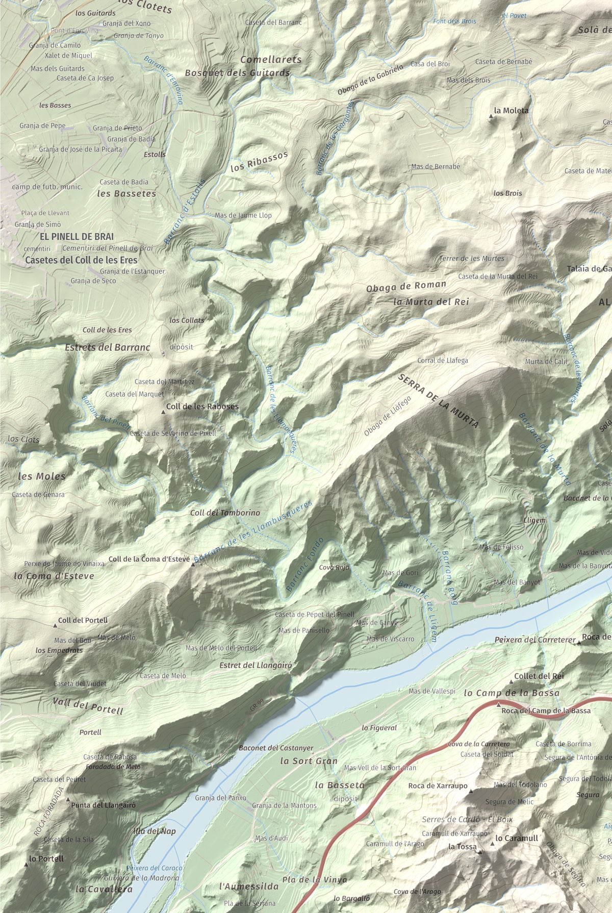 Mapa de relieve de l'Àliga (Mola del Broi), 383 m, Ribera d'Ebre · Terra Alta, lámina 100 Cims de Trobart. Detalle de la zona inferior izquierda. 61 × 91 cm.