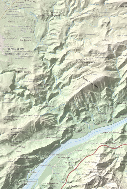 Mapa de relieve de l'Àliga (Mola del Broi), 383 m, Ribera d'Ebre · Terra Alta, lámina 100 Cims de Trobart. Detalle de la zona inferior izquierda. 61 × 91 cm.