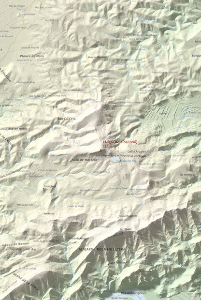 Mapa de relieve de l'Àliga (Mola del Broi), 383 m, Ribera d'Ebre · Terra Alta, lámina 100 Cims de Trobart. Detalle de la zona central. 61 × 91 cm.