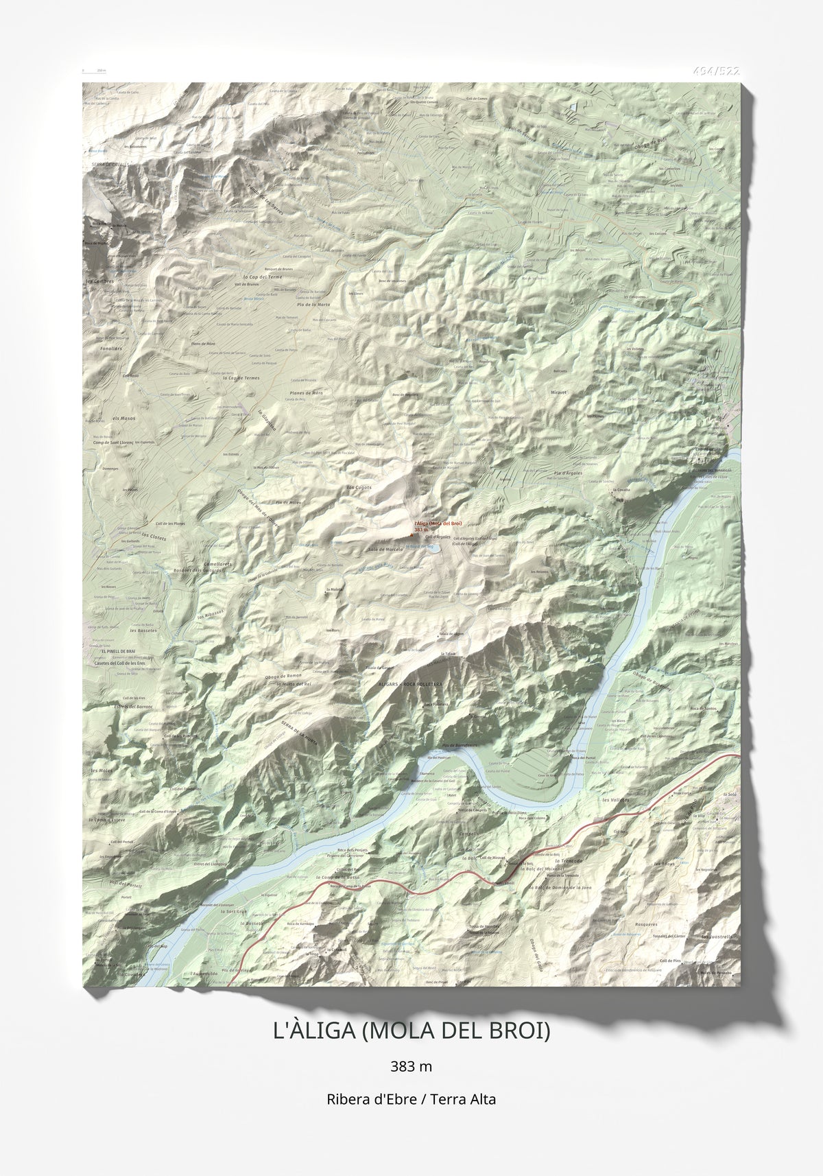 Mapa de relieve de l'Àliga (Mola del Broi), 383 m, Ribera d'Ebre · Terra Alta, lámina 100 Cims de Trobart 70 × 100 cm.