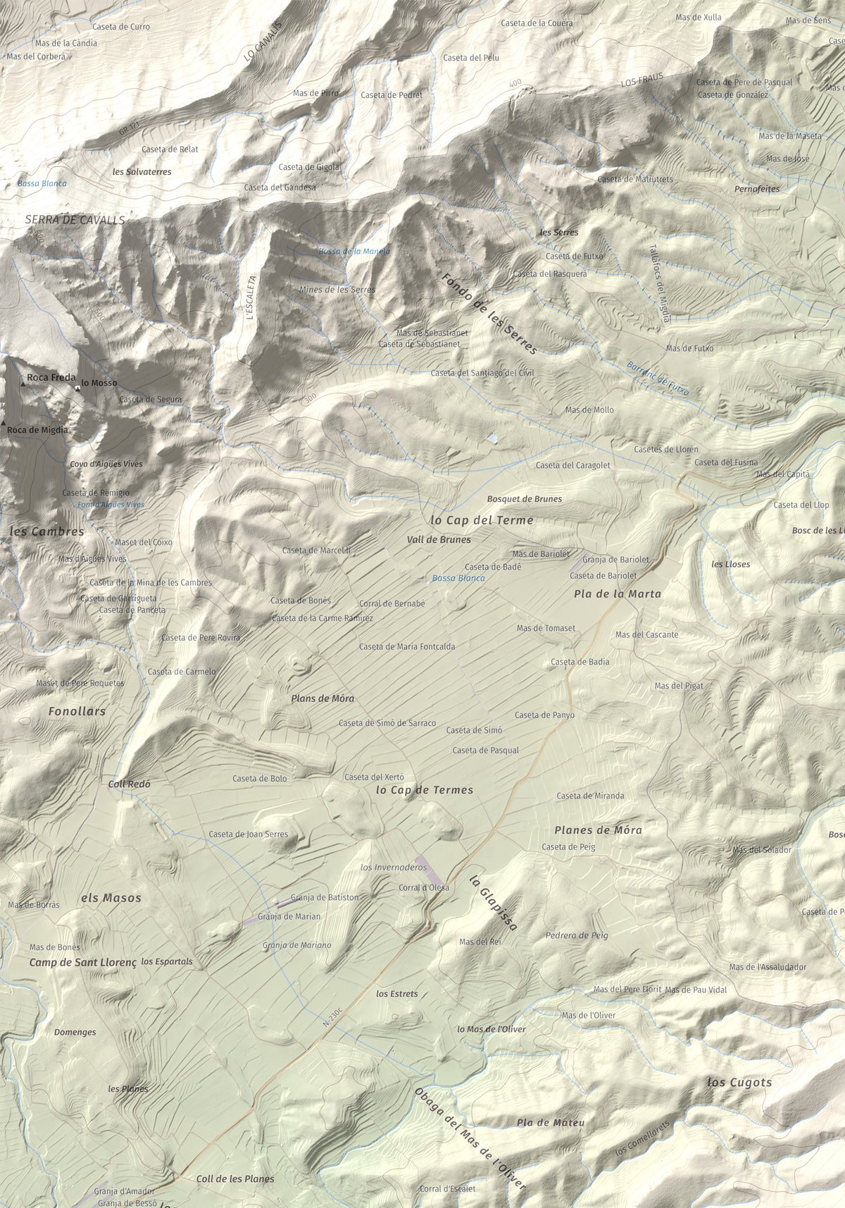 Mapa de relieve de l'Àliga (Mola del Broi), 383 m, Ribera d'Ebre · Terra Alta, lámina 100 Cims de Trobart. Detalle de la zona superior izquierda. 70 × 100 cm.