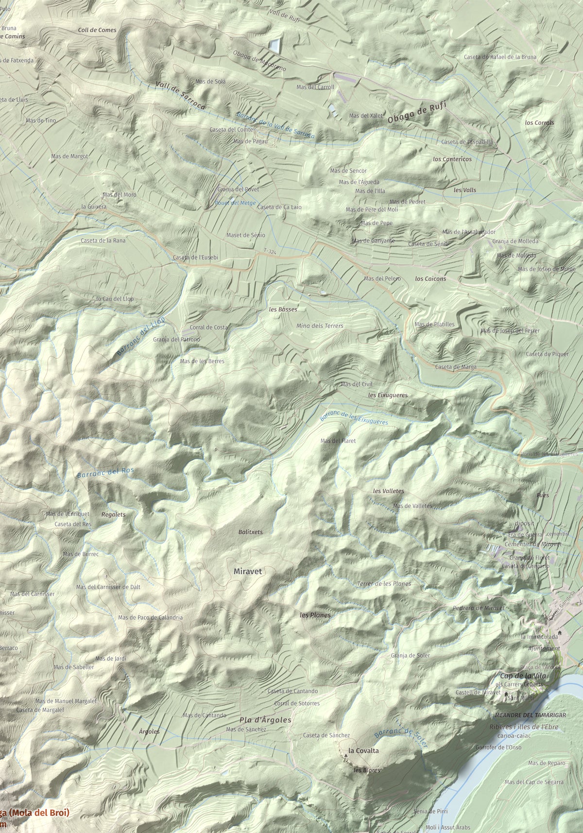 Mapa de relieve de l'Àliga (Mola del Broi), 383 m, Ribera d'Ebre · Terra Alta, lámina 100 Cims de Trobart. Detalle de la zona superior derecha. 70 × 100 cm.