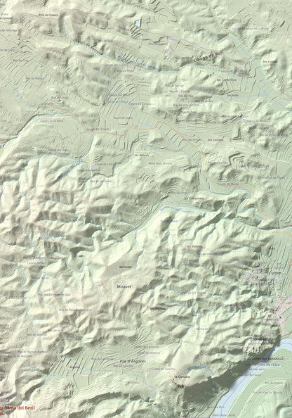 Mapa de relieve de l'Àliga (Mola del Broi), 383 m, Ribera d'Ebre · Terra Alta, lámina 100 Cims de Trobart. Detalle de la zona superior derecha. 70 × 100 cm.