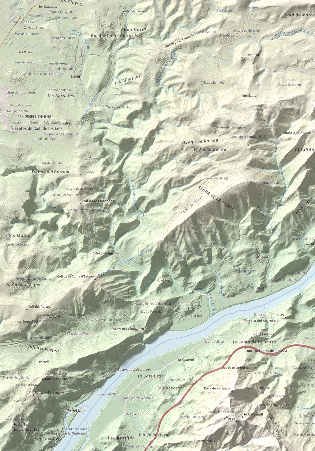 Mapa de relieve de l'Àliga (Mola del Broi), 383 m, Ribera d'Ebre · Terra Alta, lámina 100 Cims de Trobart. Detalle de la zona inferior izquierda. 70 × 100 cm.