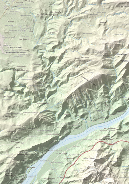 Mapa de relieve de l'Àliga (Mola del Broi), 383 m, Ribera d'Ebre · Terra Alta, lámina 100 Cims de Trobart. Detalle de la zona inferior izquierda. 70 × 100 cm.