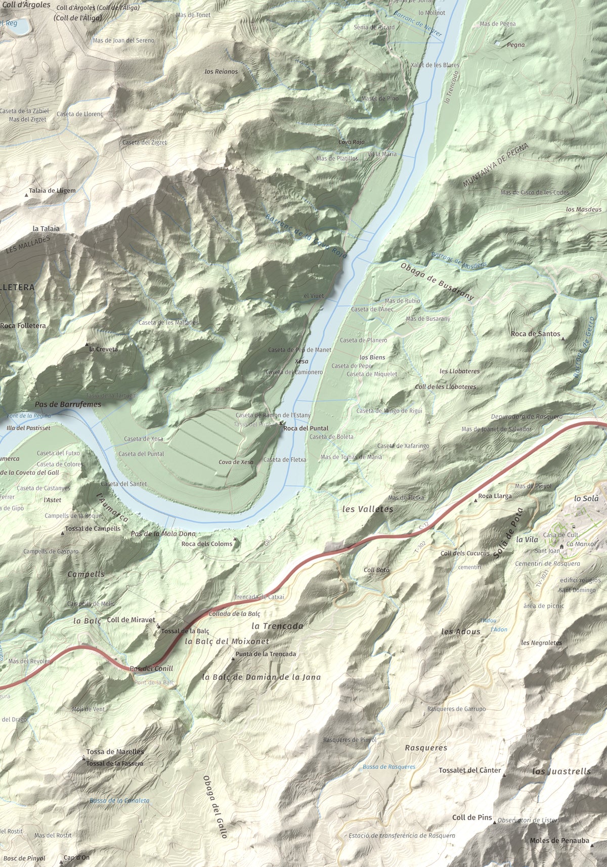 Mapa de relieve de l'Àliga (Mola del Broi), 383 m, Ribera d'Ebre · Terra Alta, lámina 100 Cims de Trobart. Detalle de la zona inferior derecha. 70 × 100 cm.