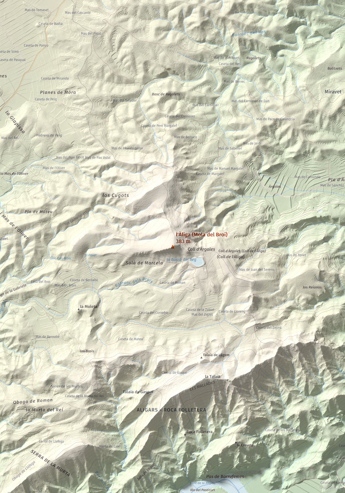 Mapa de relieve de l'Àliga (Mola del Broi), 383 m, Ribera d'Ebre · Terra Alta, lámina 100 Cims de Trobart. Detalle de la zona central. 70 × 100 cm.