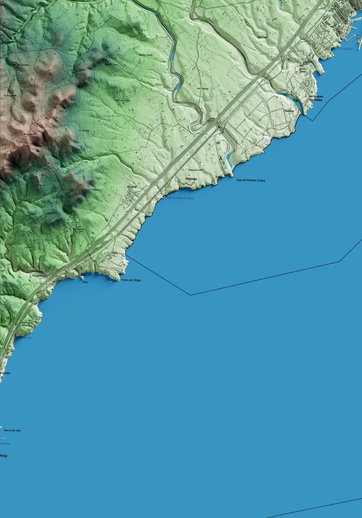Mapa artístico del relieve de l'Ametlla de Mar, al Baix Ebre, con 15 km de entorno y base topográfica ICGC. Detalle de la zona inferior izquierda.