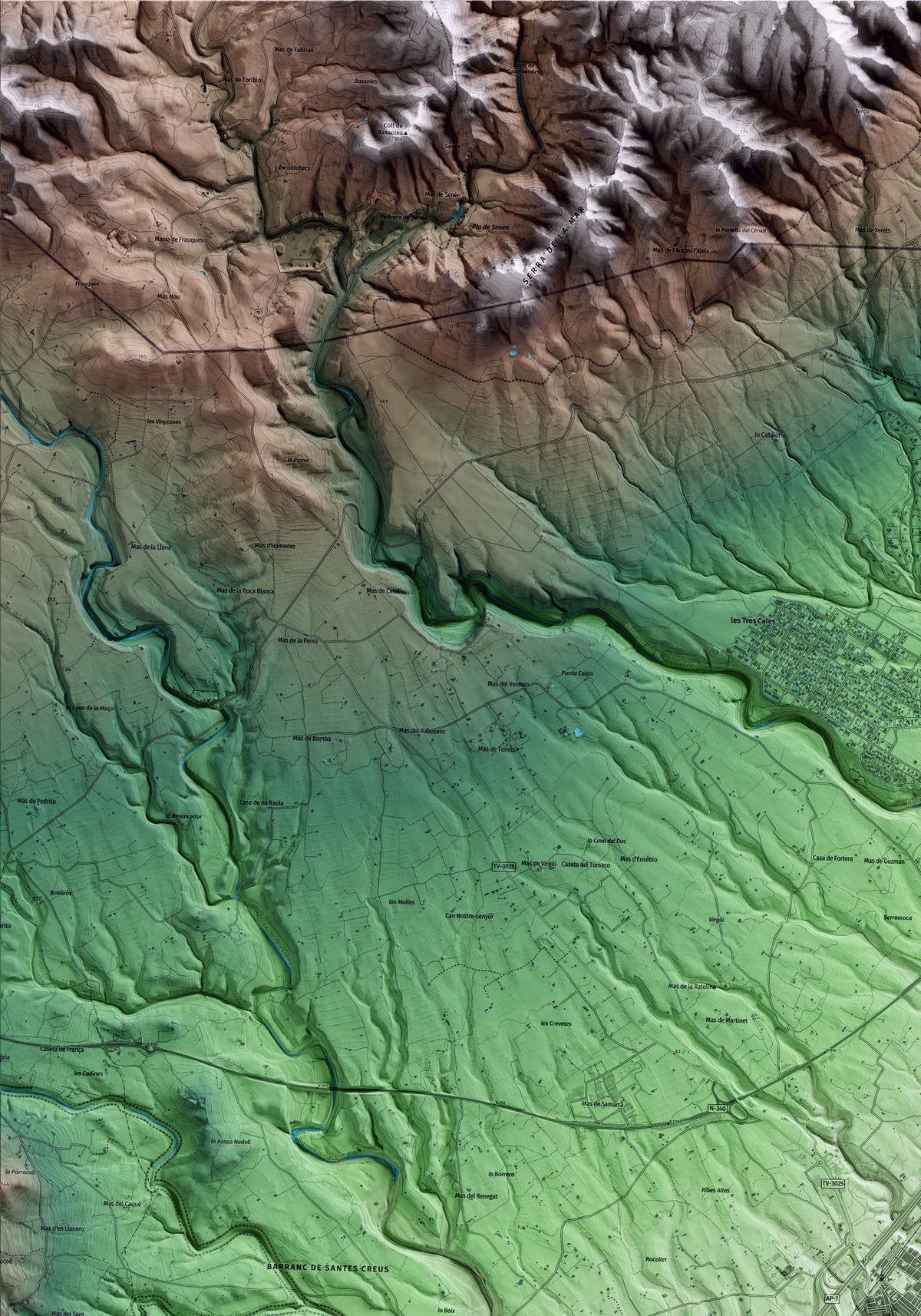 Mapa artístico del relieve de l'Ametlla de Mar, al Baix Ebre, con 15 km de entorno y base topográfica ICGC. Detalle de la zona superior izquierda.