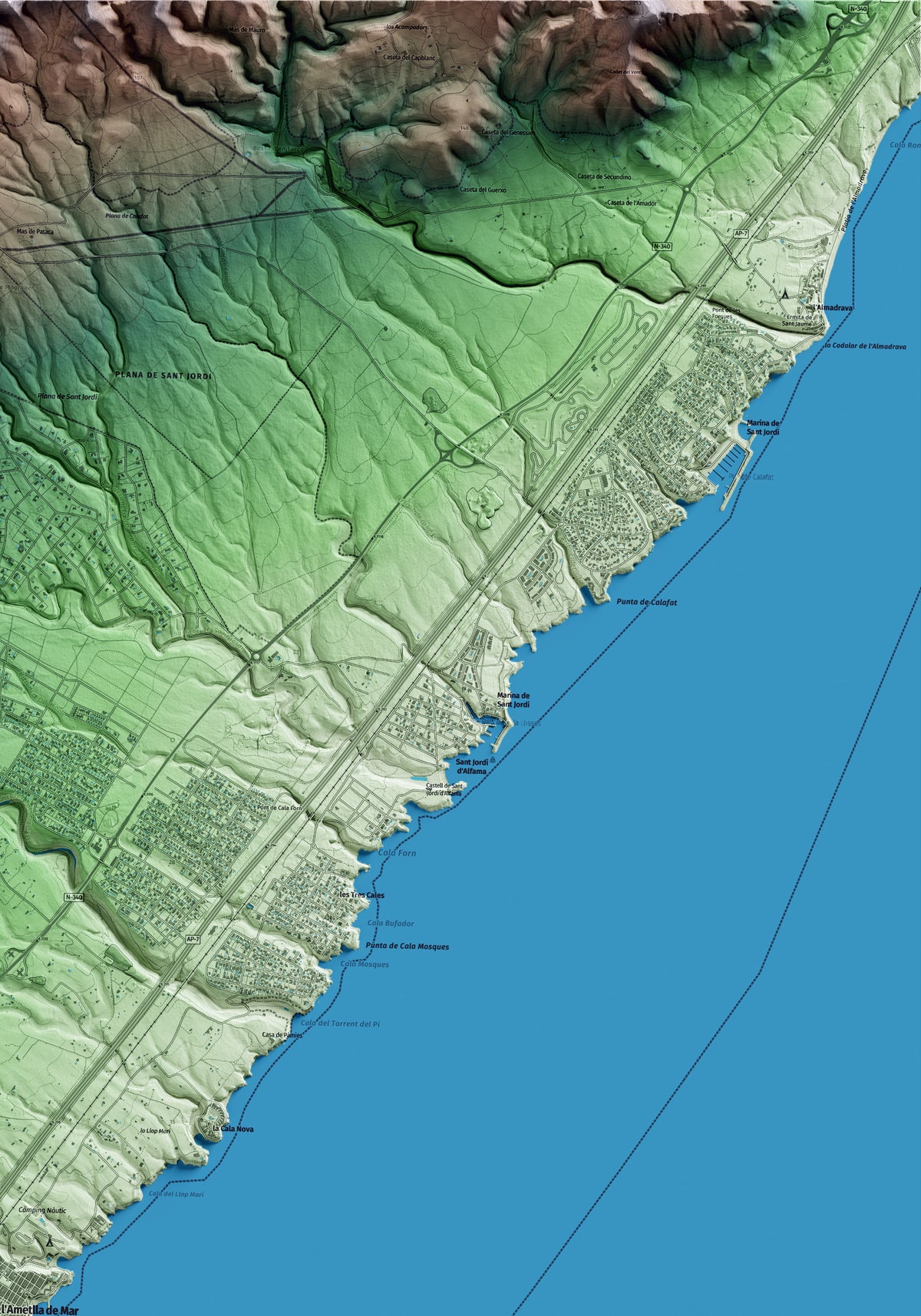 Mapa artístico del relieve de l'Ametlla de Mar, al Baix Ebre, con 15 km de entorno y base topográfica ICGC. Detalle de la zona superior derecha.