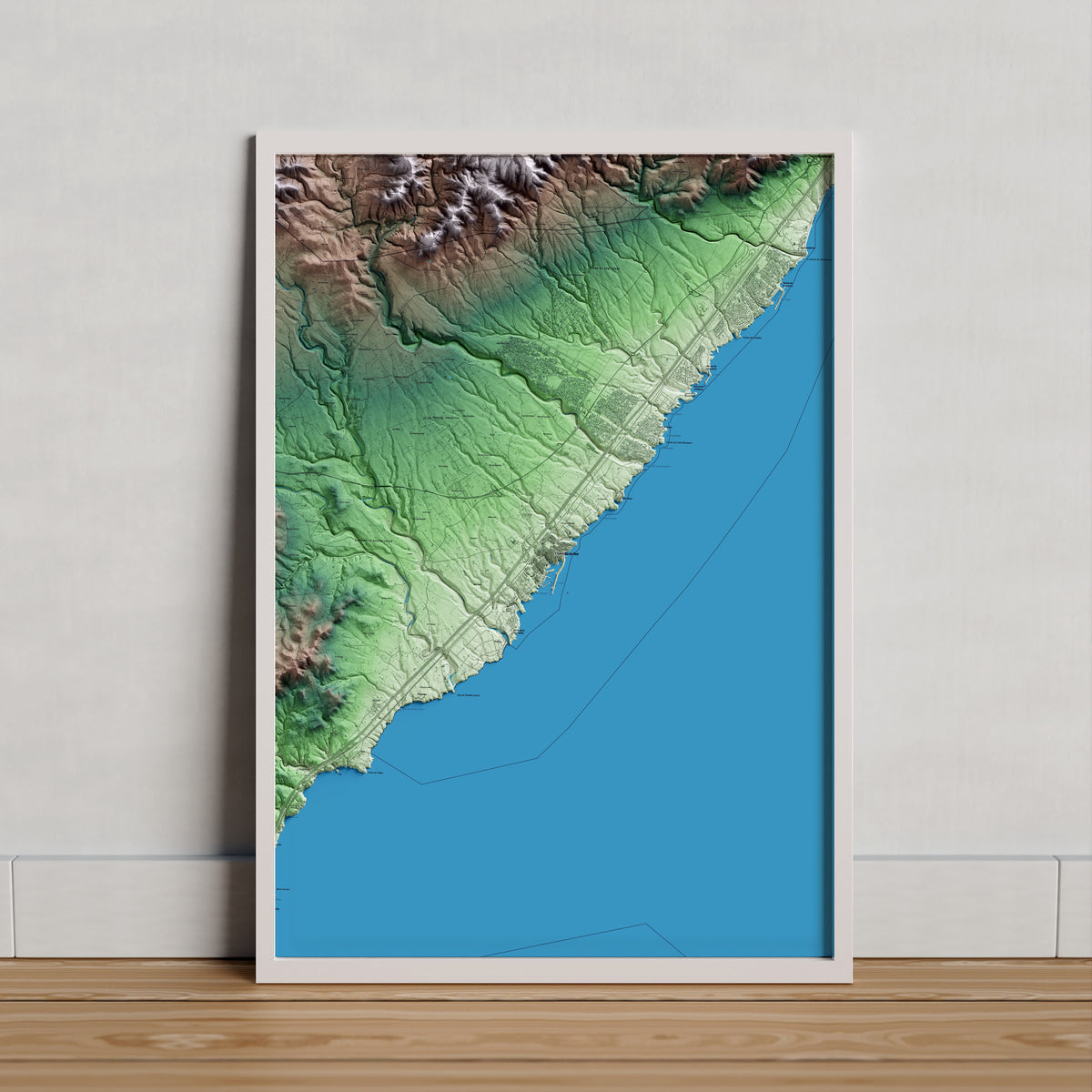 Mapa artístico del relieve de l'Ametlla de Mar, al Baix Ebre, con 15 km de entorno y base topográfica ICGC. Presentación enmarcada.