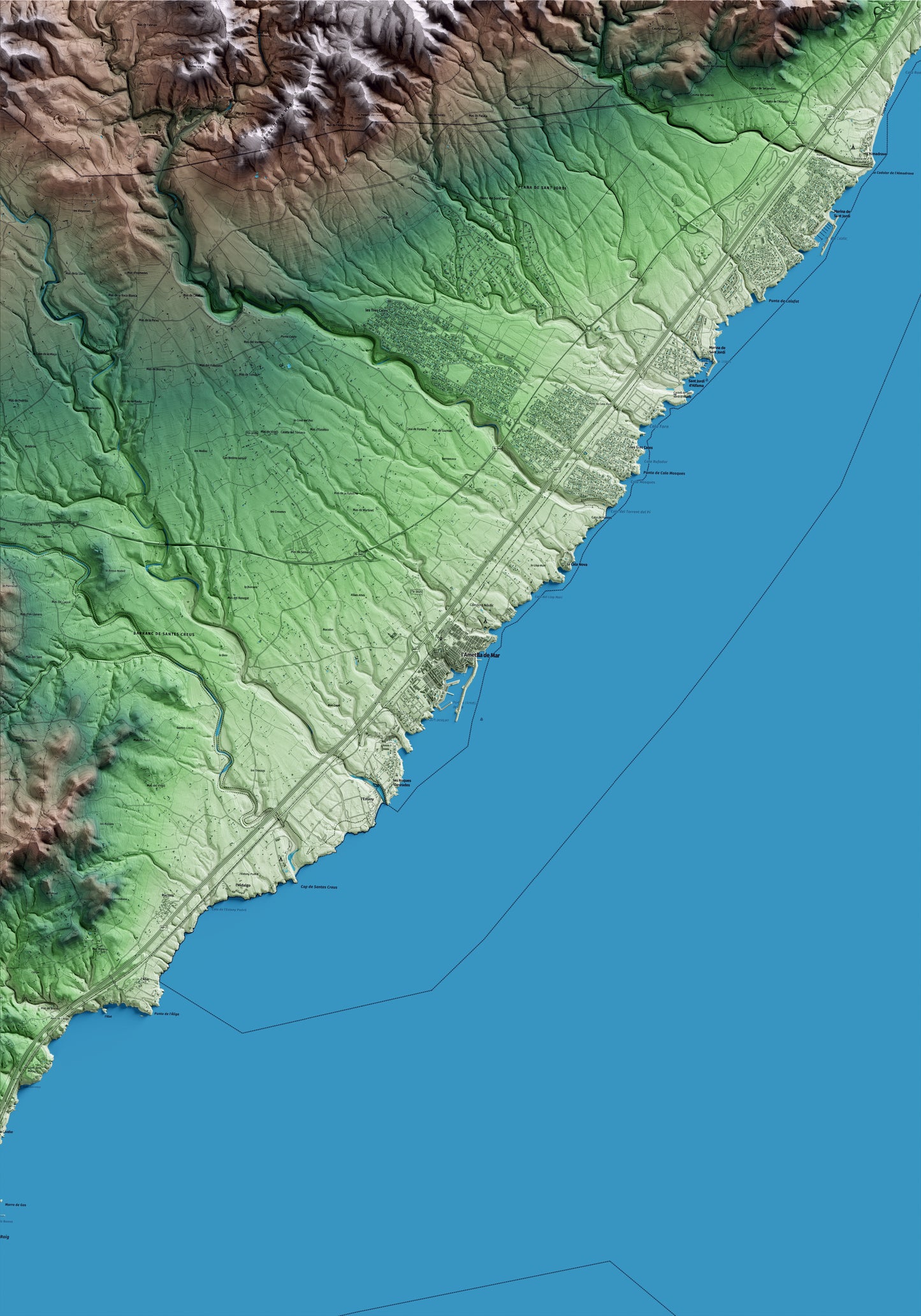 Mapa artístico del relieve de l'Ametlla de Mar, al Baix Ebre, con 15 km de entorno y base topográfica ICGC