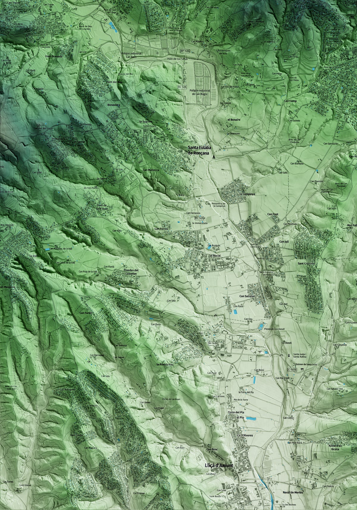 Mapa artístico del relieve de l'Ametlla del Vallès, al Vallès Oriental, con 15 km de entorno y base topográfica ICGC. Detalle de la zona inferior izquierda.