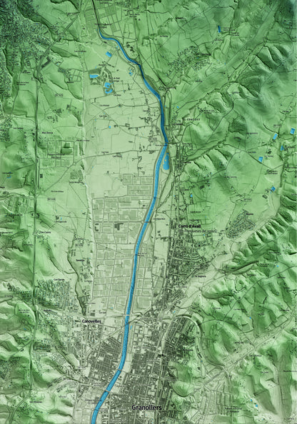 Mapa artístico del relieve de l'Ametlla del Vallès, al Vallès Oriental, con 15 km de entorno y base topográfica ICGC. Detalle de la zona inferior derecha.