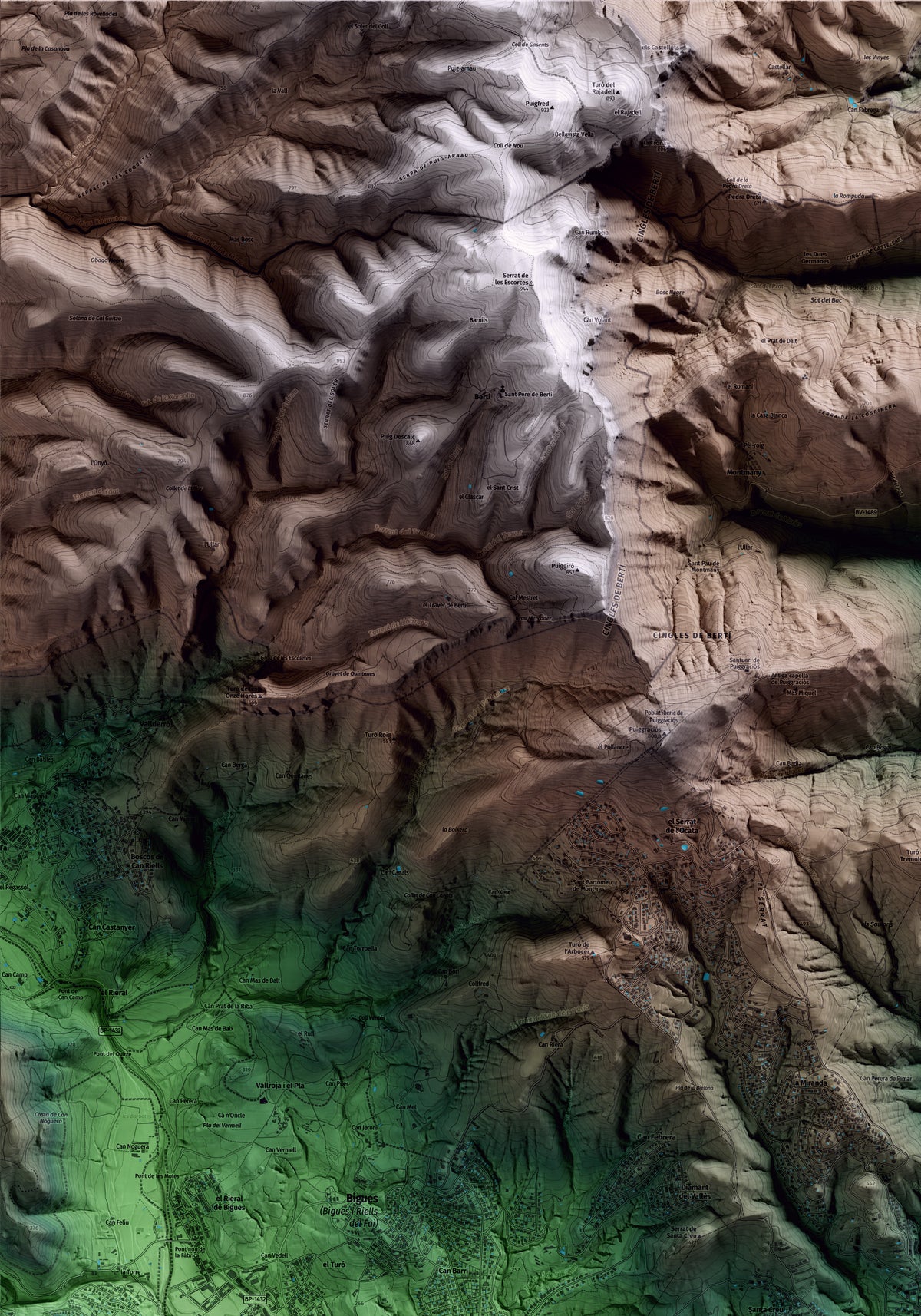 Mapa artístico del relieve de l'Ametlla del Vallès, al Vallès Oriental, con 15 km de entorno y base topográfica ICGC. Detalle de la zona superior izquierda.