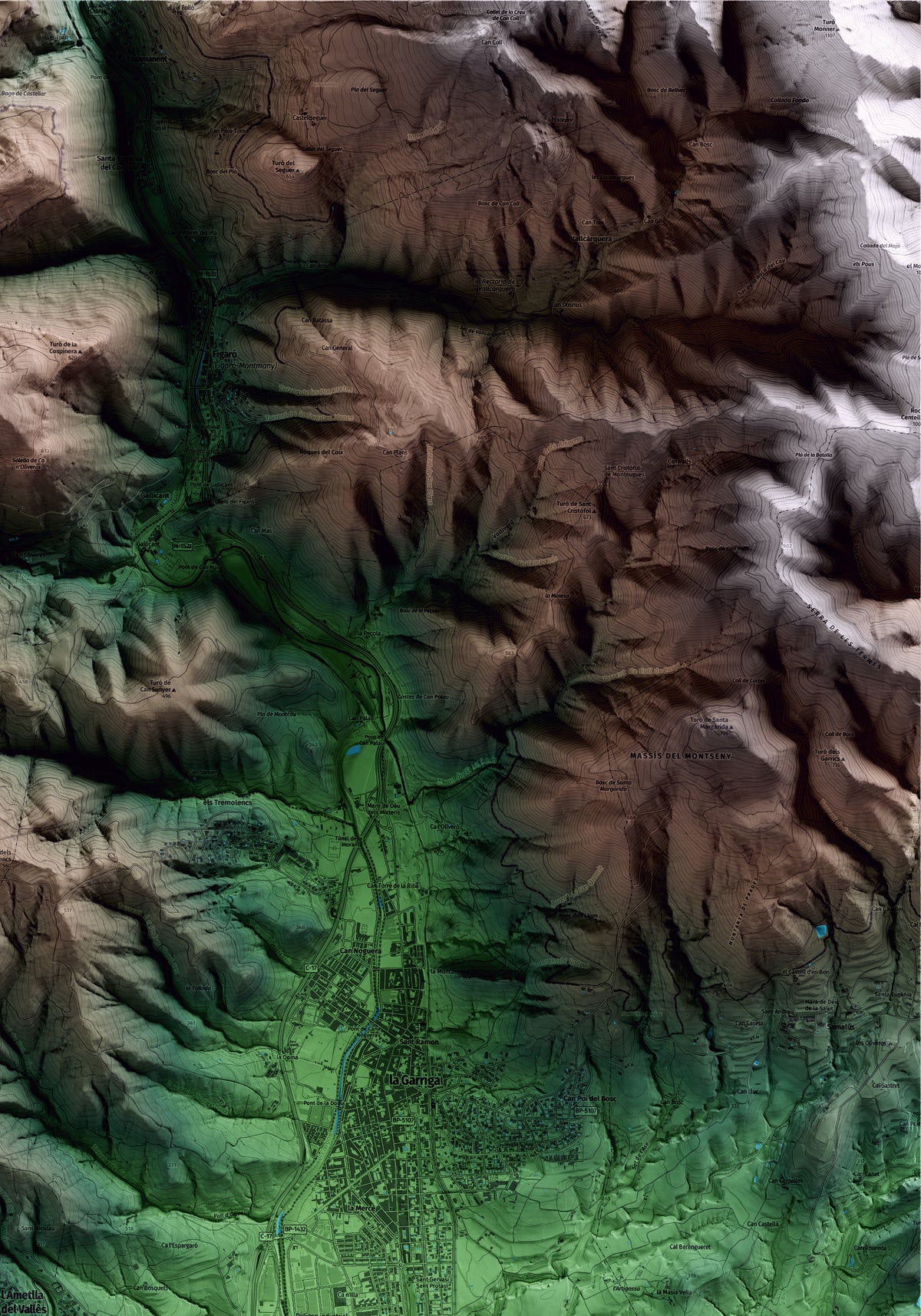 Mapa artístico del relieve de l'Ametlla del Vallès, al Vallès Oriental, con 15 km de entorno y base topográfica ICGC. Detalle de la zona superior derecha.