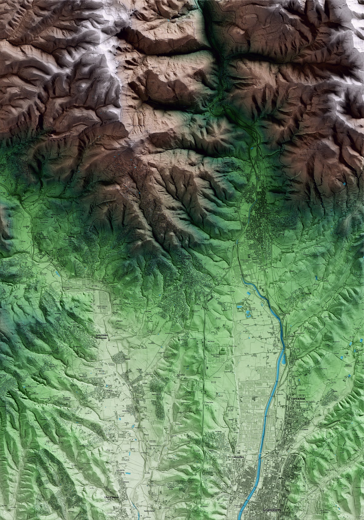 Mapa artístico del relieve de l'Ametlla del Vallès, al Vallès Oriental, con 15 km de entorno y base topográfica ICGC