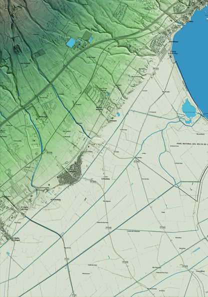 Mapa artístico del relieve de l'Ampolla, al Baix Ebre, con 15 km de entorno y base topográfica ICGC. Detalle de la zona inferior izquierda.