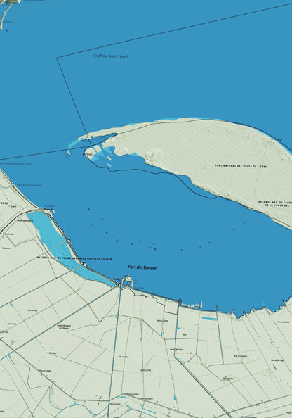 Mapa artístico del relieve de l'Ampolla, al Baix Ebre, con 15 km de entorno y base topográfica ICGC. Detalle de la zona inferior derecha.