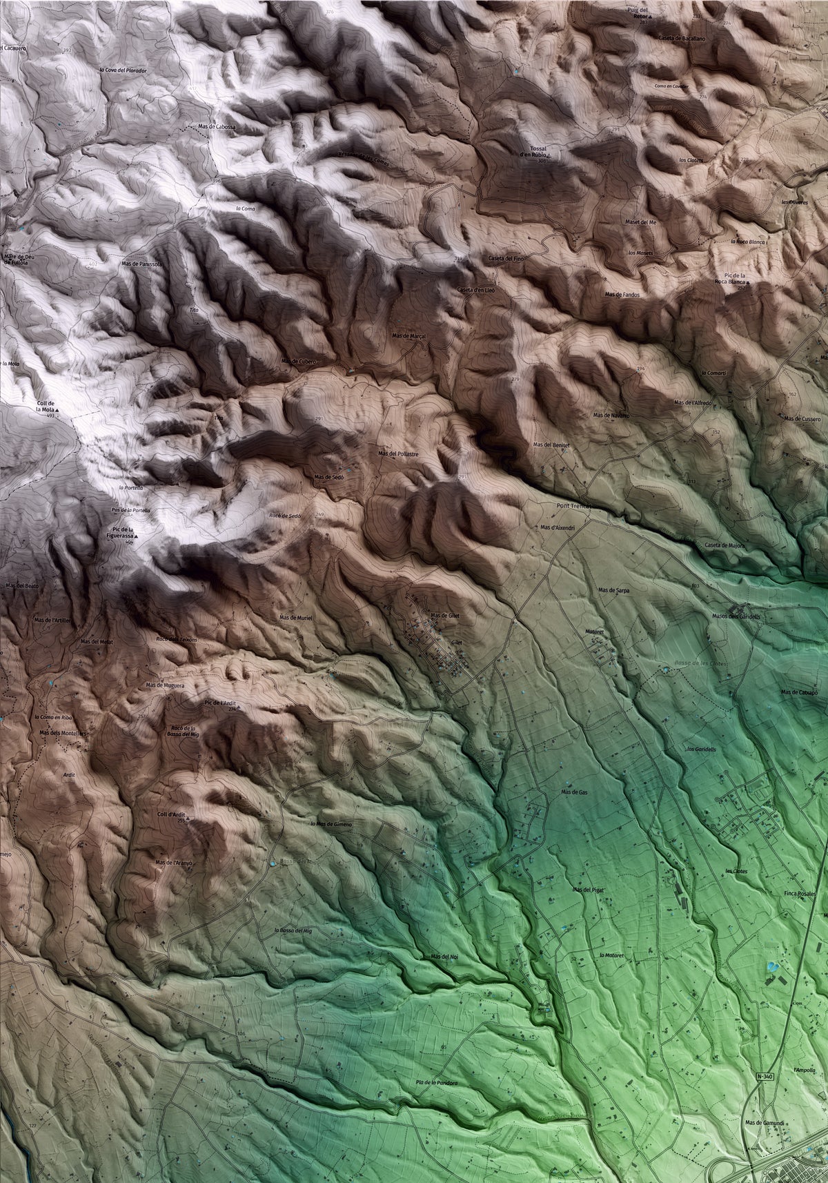 Mapa artístico del relieve de l'Ampolla, al Baix Ebre, con 15 km de entorno y base topográfica ICGC. Detalle de la zona superior izquierda.