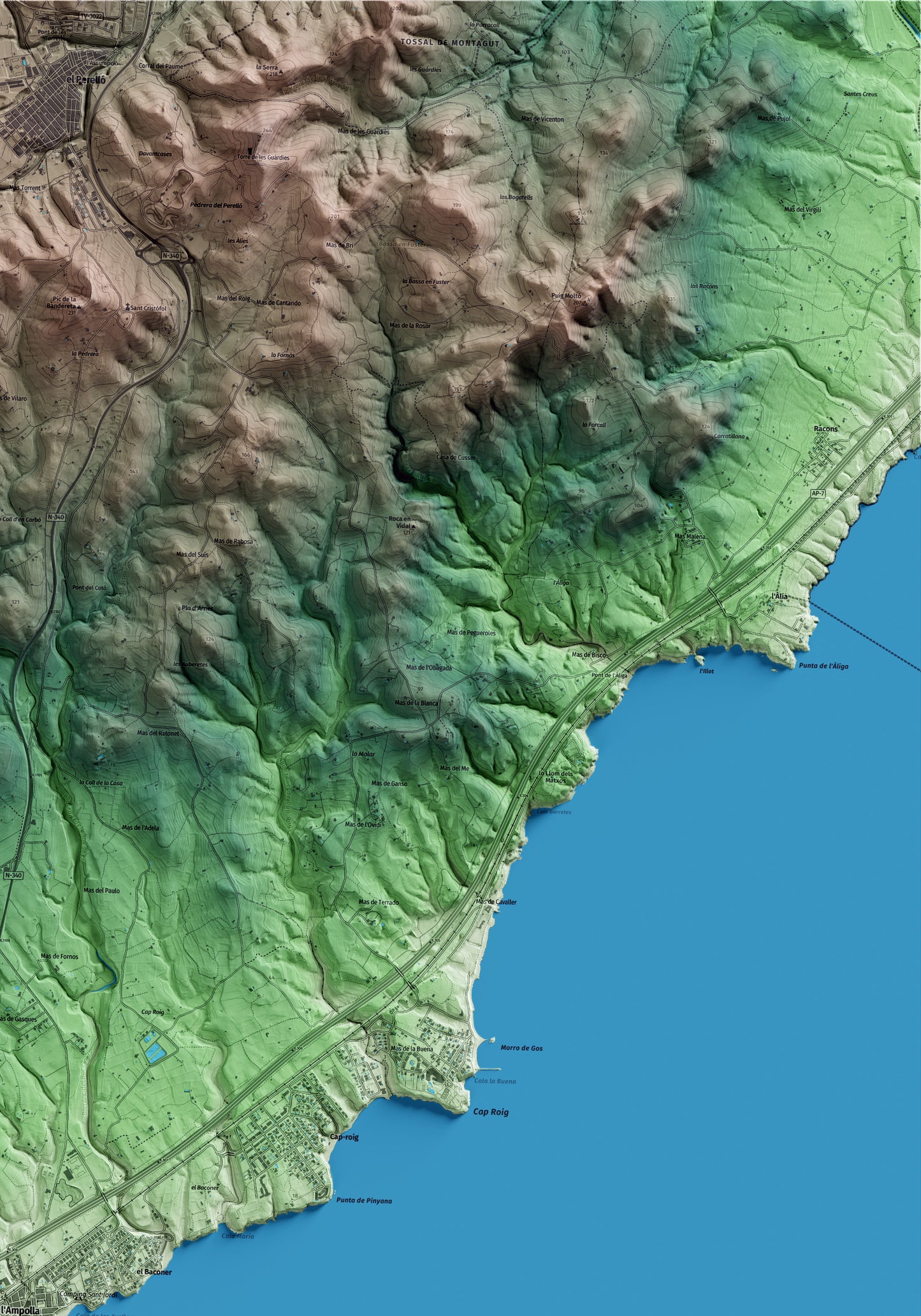 Mapa artístico del relieve de l'Ampolla, al Baix Ebre, con 15 km de entorno y base topográfica ICGC. Detalle de la zona superior derecha.