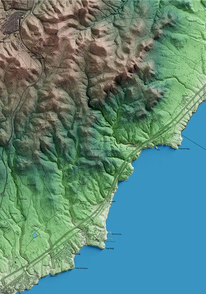 Mapa artístico del relieve de l'Ampolla, al Baix Ebre, con 15 km de entorno y base topográfica ICGC. Detalle de la zona superior derecha.