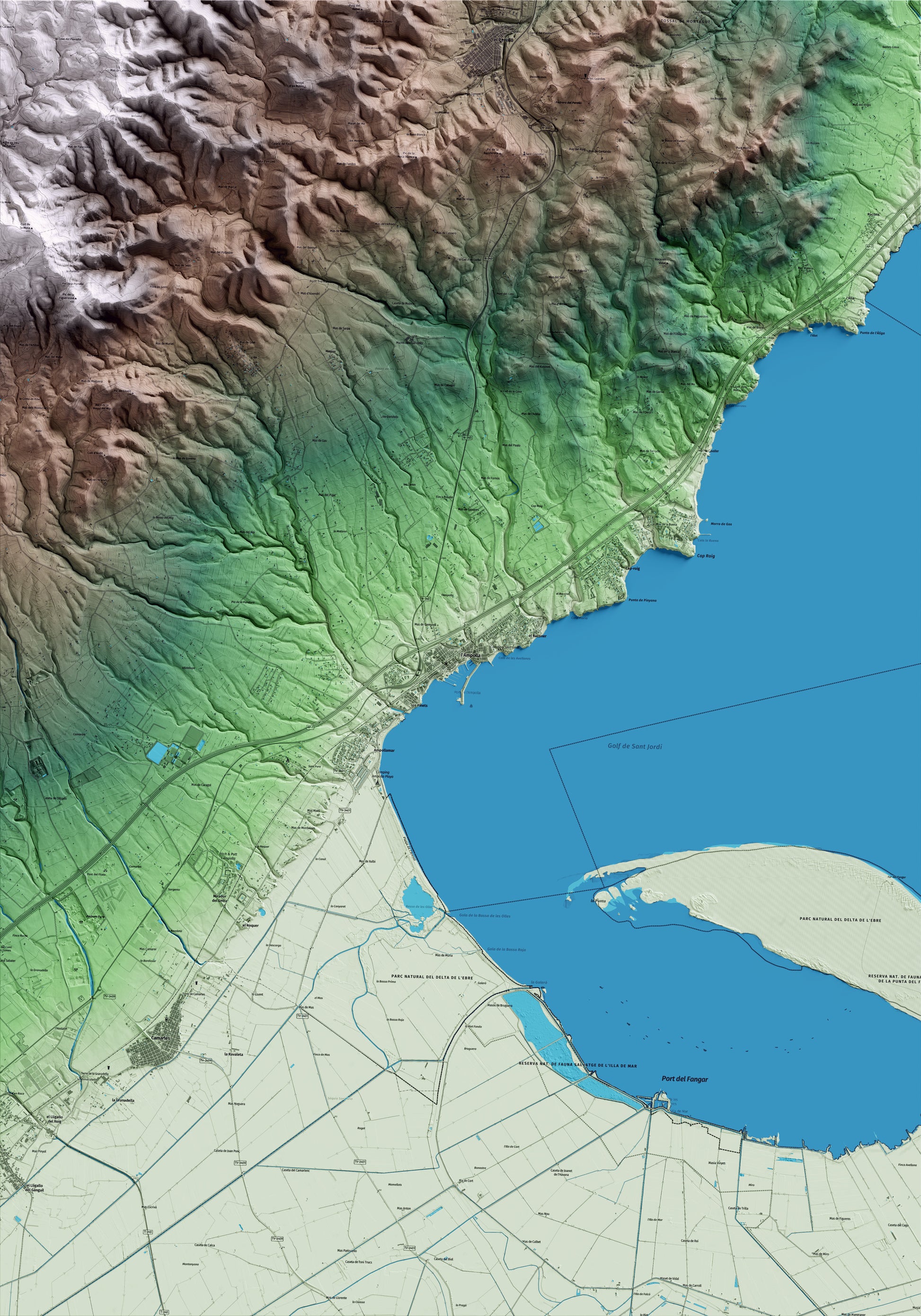 Mapa artístico del relieve de l'Ampolla, al Baix Ebre, con 15 km de entorno y base topográfica ICGC