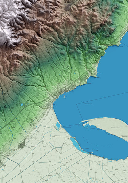 Mapa artístico del relieve de l'Ampolla, al Baix Ebre, con 15 km de entorno y base topográfica ICGC