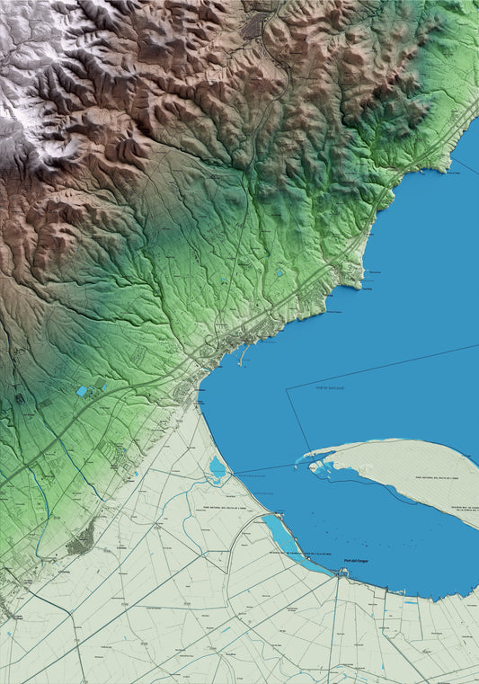 Mapa artístico del relieve de l'Ampolla, al Baix Ebre, con 15 km de entorno y base topográfica ICGC