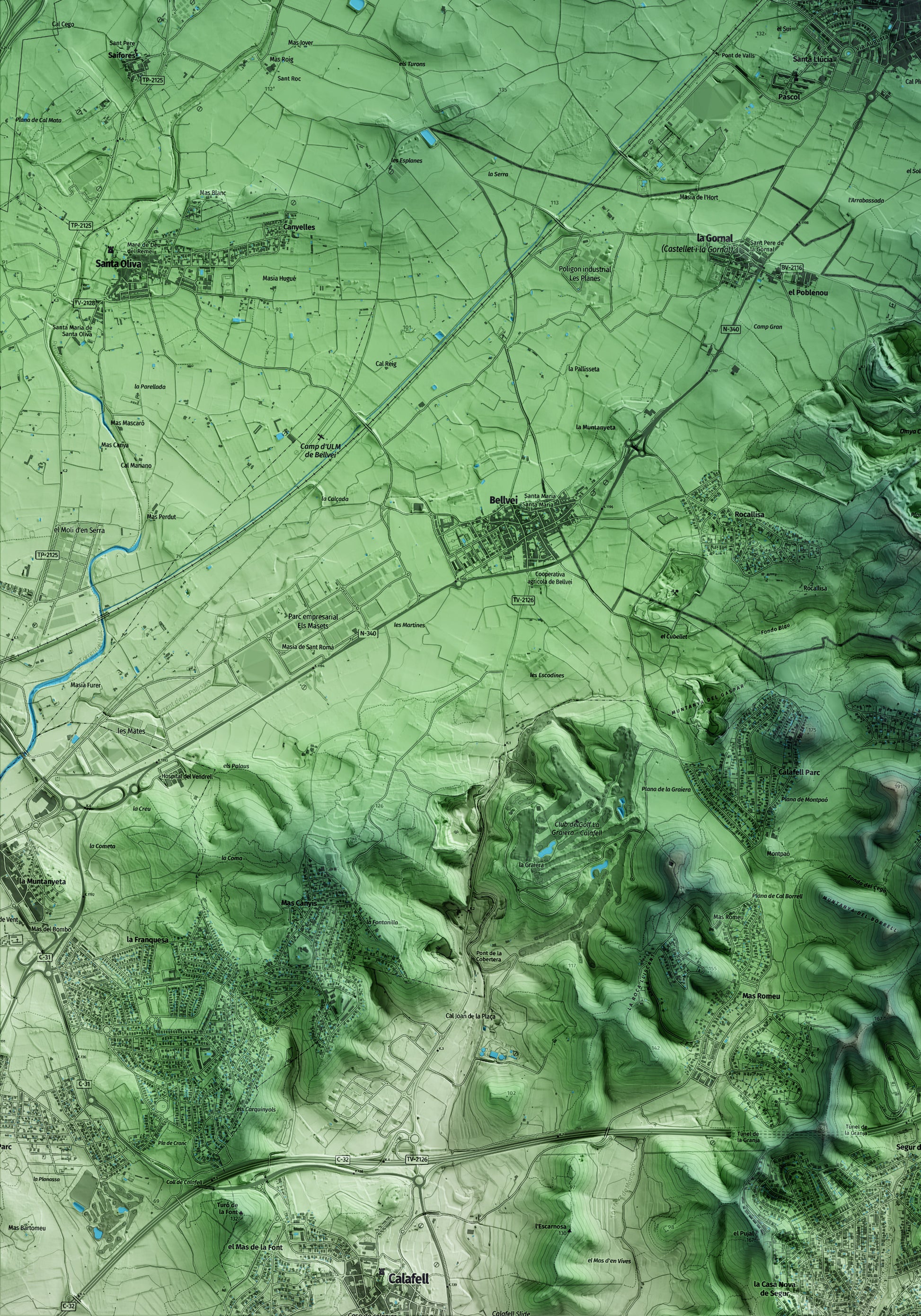 Mapa artístico del relieve de l'Arboç, al Baix Penedès, con 15 km de entorno y base topográfica ICGC. Detalle de la zona inferior izquierda.