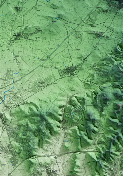 Mapa artístico del relieve de l'Arboç, al Baix Penedès, con 15 km de entorno y base topográfica ICGC. Detalle de la zona inferior izquierda.