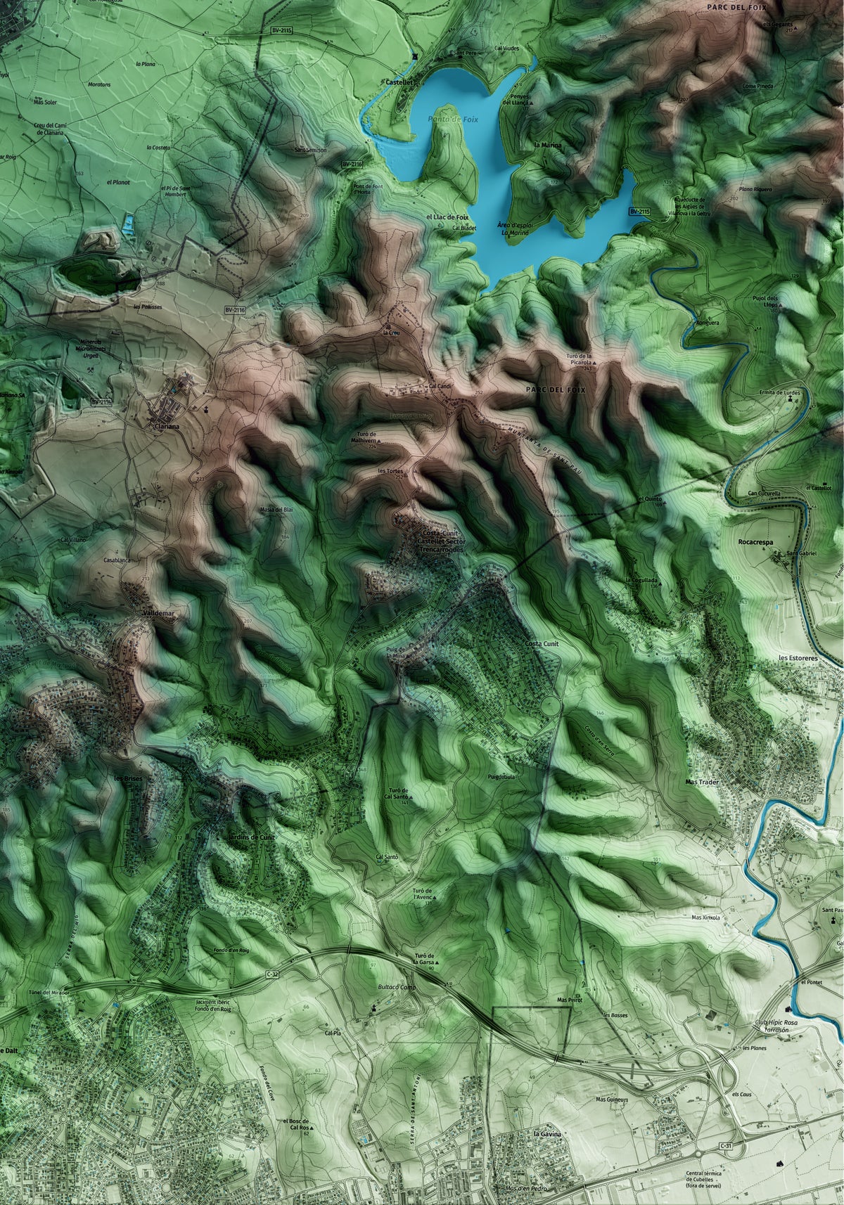 Mapa artístico del relieve de l'Arboç, al Baix Penedès, con 15 km de entorno y base topográfica ICGC. Detalle de la zona inferior derecha.