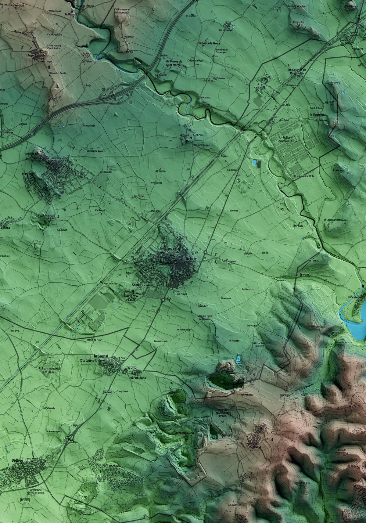 Mapa artístico del relieve de l'Arboç, al Baix Penedès, con 15 km de entorno y base topográfica ICGC. Detalle de la zona central.