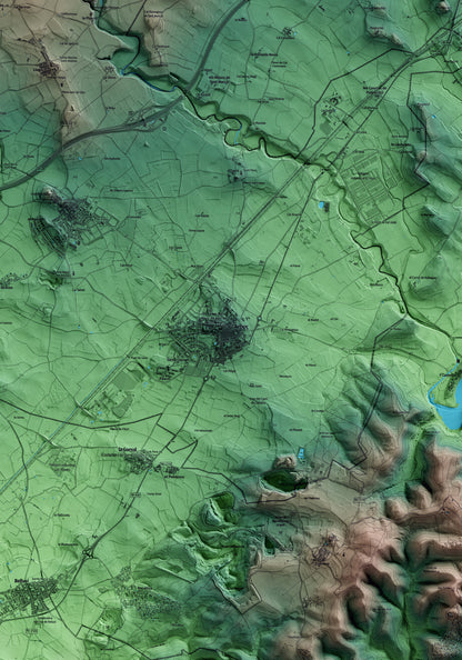 Mapa artístico del relieve de l'Arboç, al Baix Penedès, con 15 km de entorno y base topográfica ICGC. Detalle de la zona central.