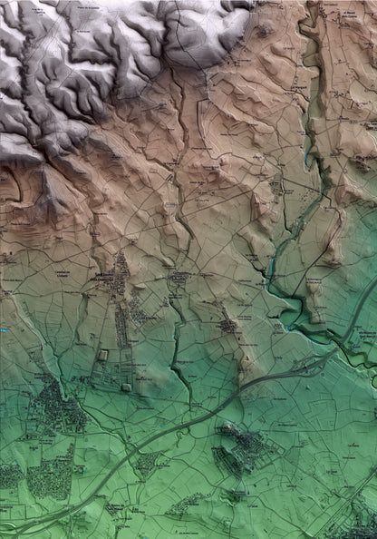 Mapa artístico del relieve de l'Arboç, al Baix Penedès, con 15 km de entorno y base topográfica ICGC. Detalle de la zona superior izquierda.