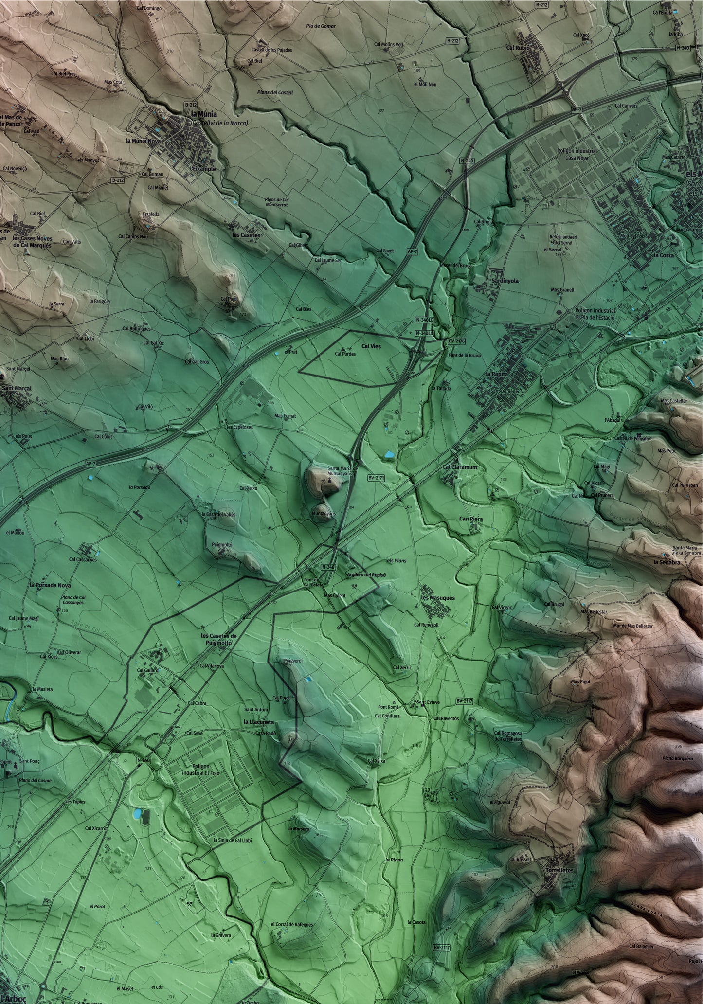 Mapa artístico del relieve de l'Arboç, al Baix Penedès, con 15 km de entorno y base topográfica ICGC. Detalle de la zona superior derecha.