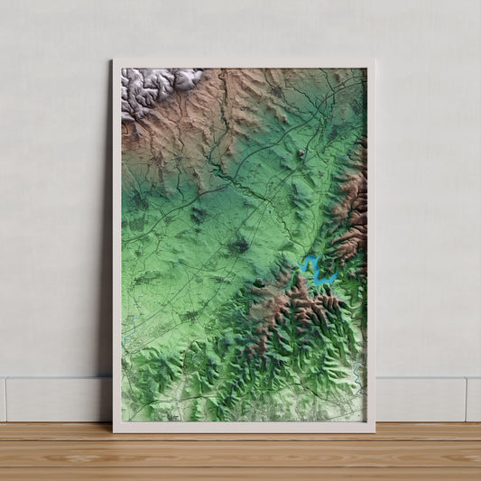 Mapa artístico del relieve de l'Arboç, al Baix Penedès, con 15 km de entorno y base topográfica ICGC. Presentación enmarcada.