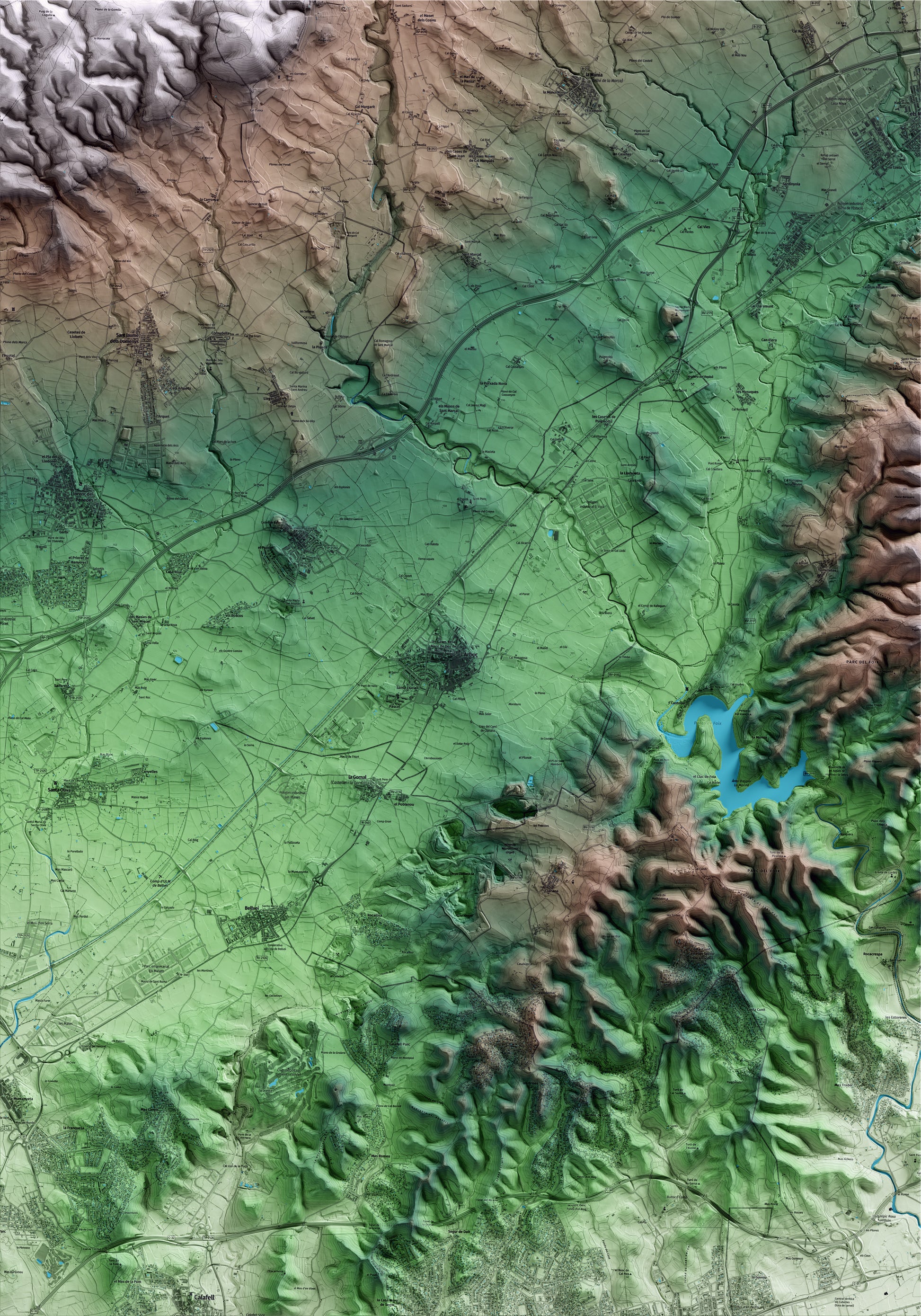 Mapa artístico del relieve de l'Arboç, al Baix Penedès, con 15 km de entorno y base topográfica ICGC