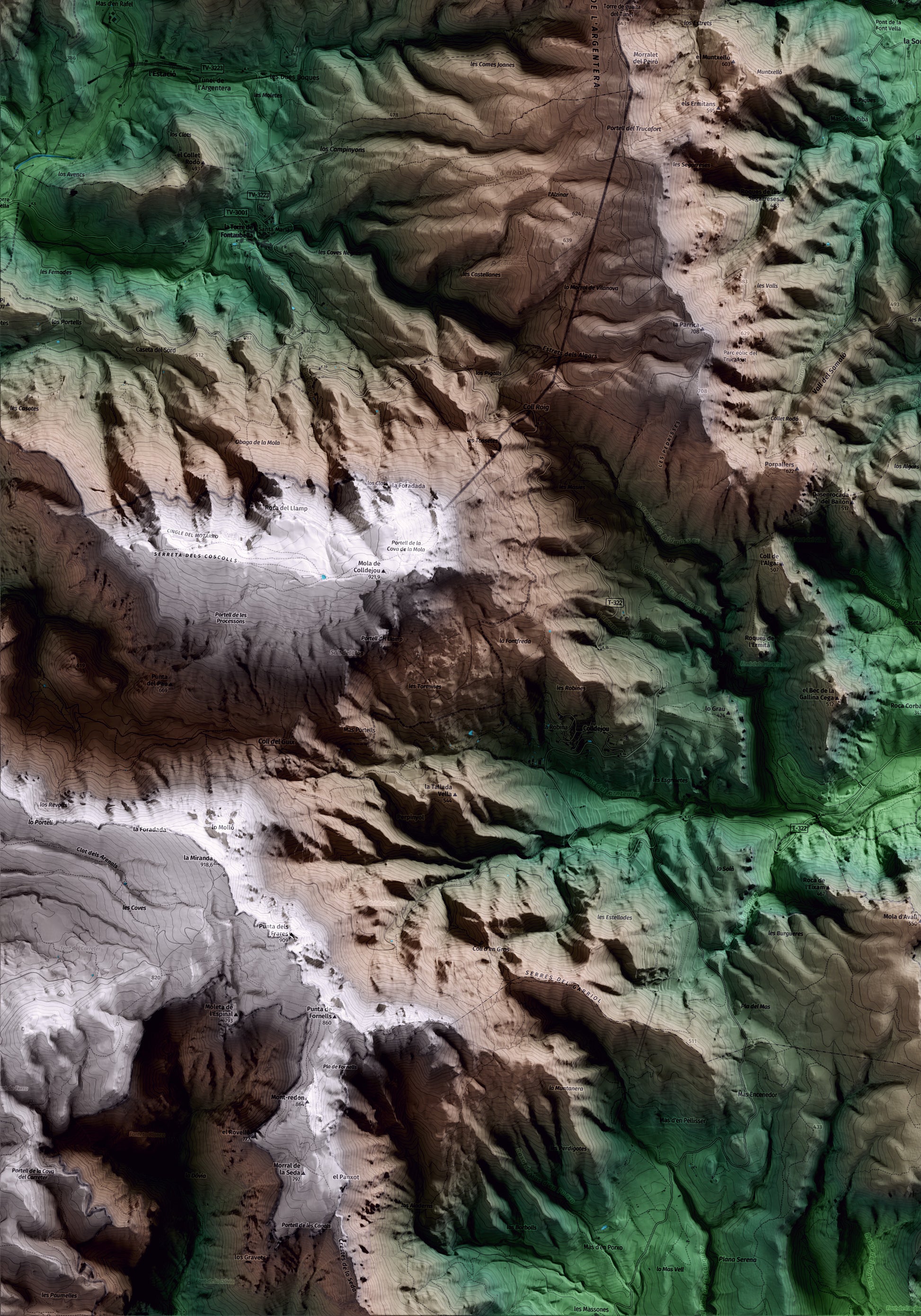 Mapa artístico del relieve de l'Argentera, al Baix Camp, con 15 km de entorno y base topográfica ICGC. Detalle de la zona inferior izquierda.