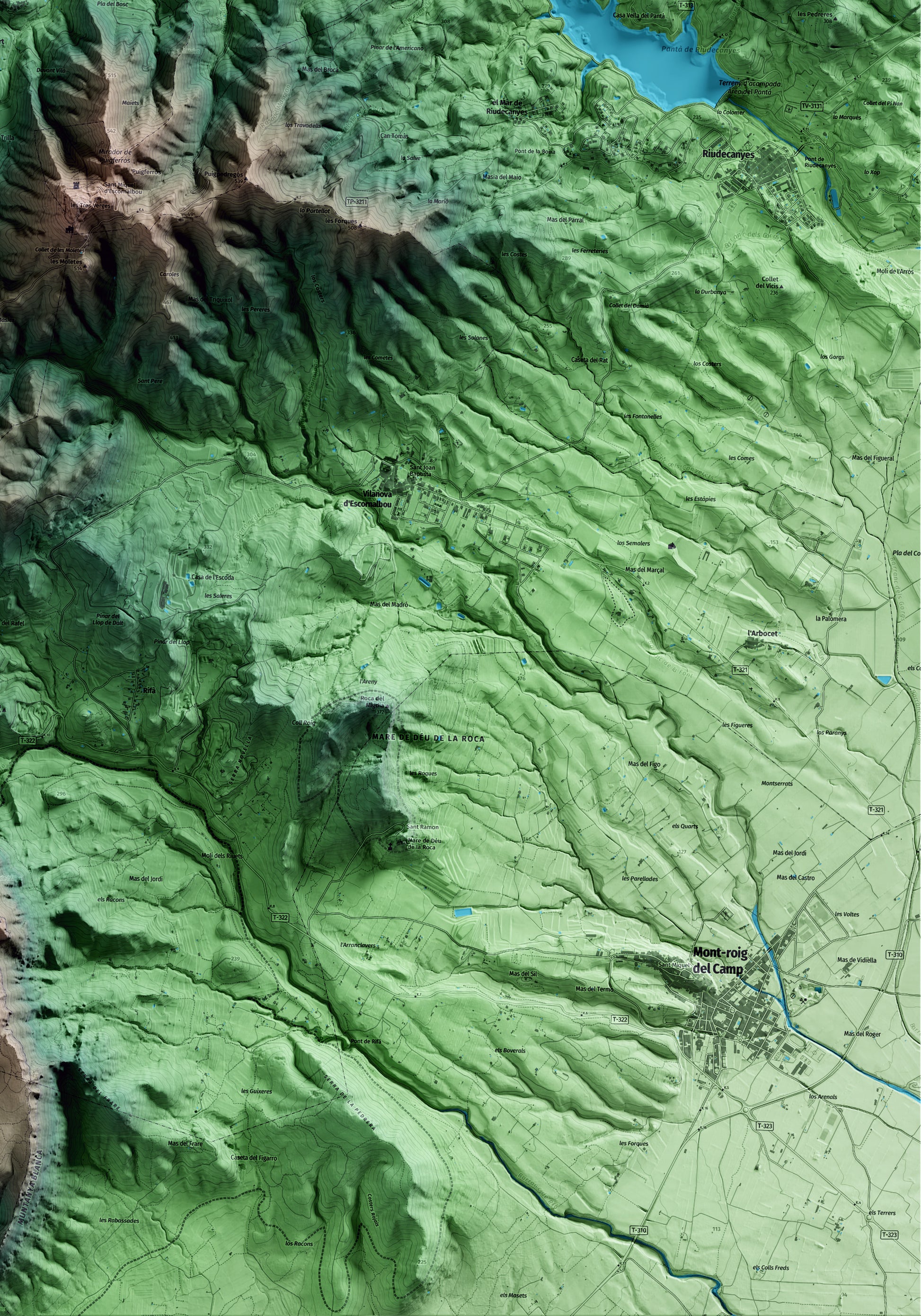 Mapa artístico del relieve de l'Argentera, al Baix Camp, con 15 km de entorno y base topográfica ICGC. Detalle de la zona inferior derecha.
