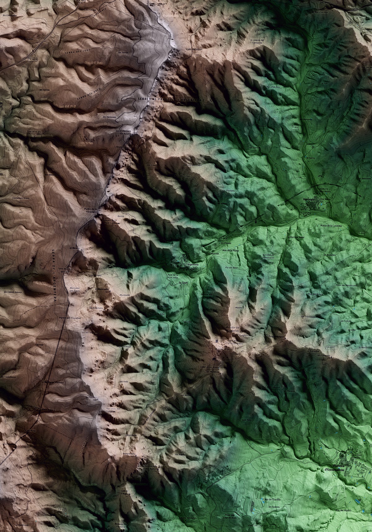 Mapa artístico del relieve de l'Argentera, al Baix Camp, con 15 km de entorno y base topográfica ICGC. Detalle de la zona central.