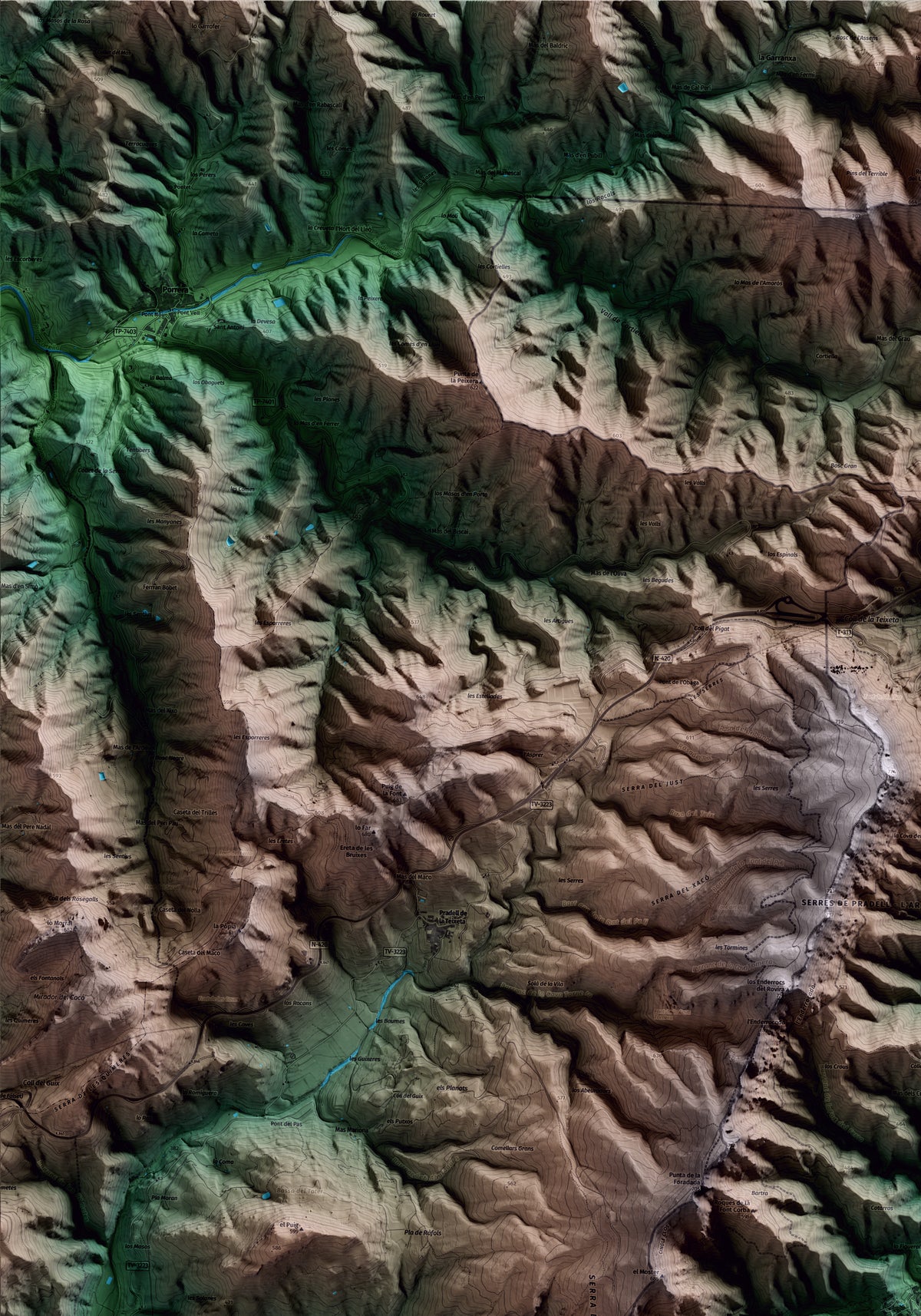 Mapa artístico del relieve de l'Argentera, al Baix Camp, con 15 km de entorno y base topográfica ICGC. Detalle de la zona superior izquierda.