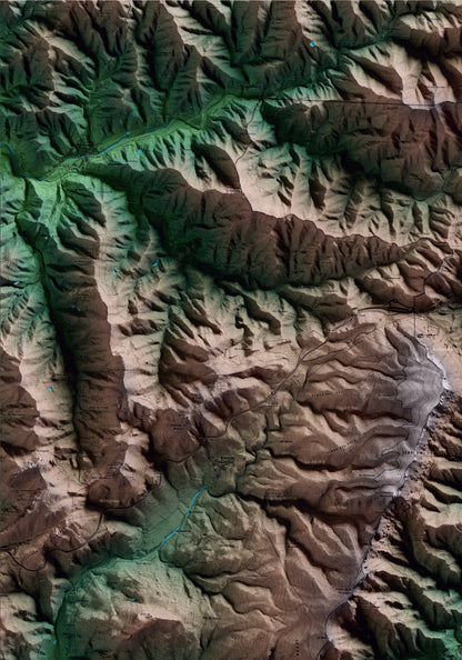 Mapa artístico del relieve de l'Argentera, al Baix Camp, con 15 km de entorno y base topográfica ICGC. Detalle de la zona superior izquierda.
